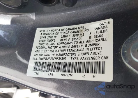 2015 Honda Civic Se из США, поврежденный, VIN 2HGFB2F73FH536399